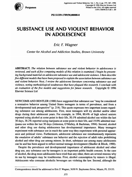Substance Use and Violent Behavior in Adolescence