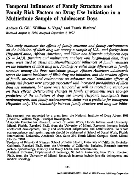 Temporal Influences of Family Structure and Family Risk Factors on Drug Use Initiation in a Multiethnic Sample of Adolescent Boys