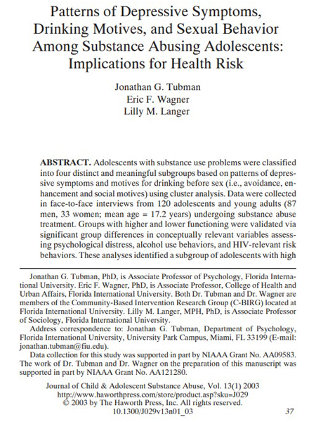Patterns of Depressive Symptoms, Drinking Motives, and Sexual Behavior Among Substance Using Adolescents: Implications for Health Risk