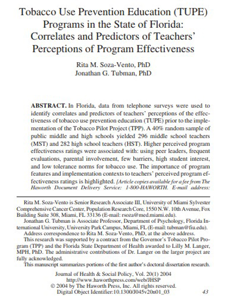Tobacco Use Prevention Education (TUPE) Programs in the State of Florida: correlates and predictors of teachers’ perceptions of program effectiveness