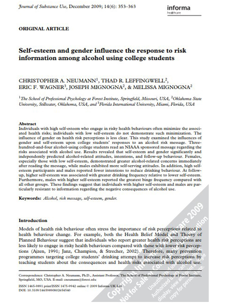 Self-esteem and gender influence the response to risk information among alcohol using college students